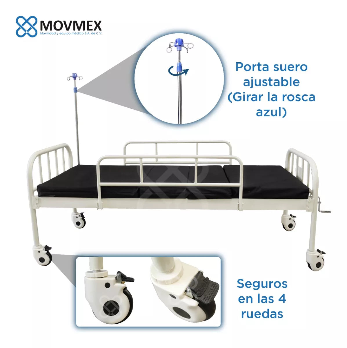 Cama Hospitalaria Manual De 2 Posiciones + Colchón 4 Secciones Hipócrates Movmex