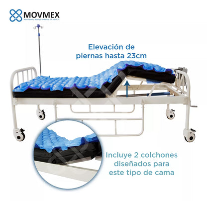 Cama Hospitalaria Manual  2 Posiciones  + Colchones (4 secciones y presión alterna) Hipócrates Movemex